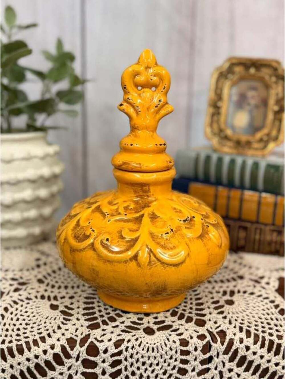Mustard Yellow Ceramic Lidded Urn Jar Fleur de Lis Distressed Crackle Glaze
